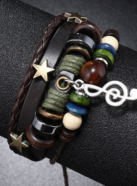 简约多层串珠皮革手链音符吊坠手