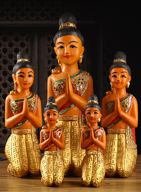 泰国迎宾跪佛摆件木雕人偶侍女门童前台店面桌面摆设东南亚工艺品