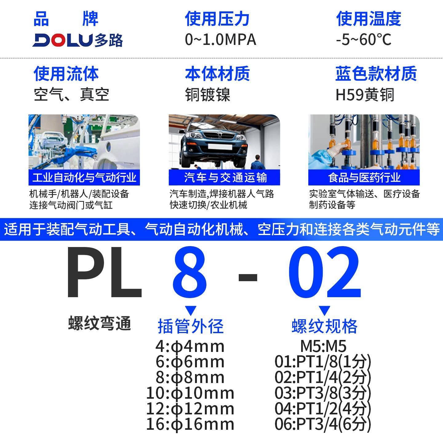 气动气管接头快速快插铜接头带螺纹弯头PL4/6/8/10-M5/01/02/03/4 - 图1