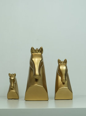 磨砂香槟金色陶瓷马头艺术摆件欧式轻奢家居饰品样板间软装摆设品