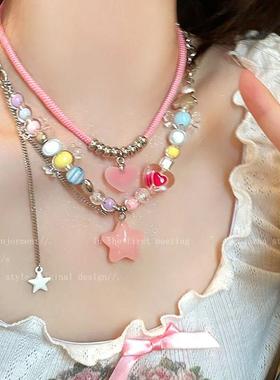 多巴胺彩色串珠星星项链女2025年新款小众配饰甜酷辣妹夸张锁骨链