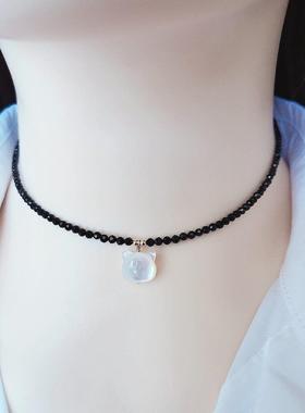 14k包金天然超闪黑尖晶石贝壳小猫头锁骨链精致百搭短颈带不掉色