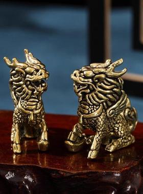 黄铜招财公母麒麟摆件一对镇宅店铺卧室桌面办公室客厅覆古装饰品