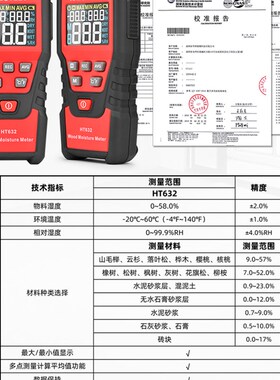 HT632木材水分测试仪水泥地面测湿仪墙面湿度仪纸箱含水率检测仪