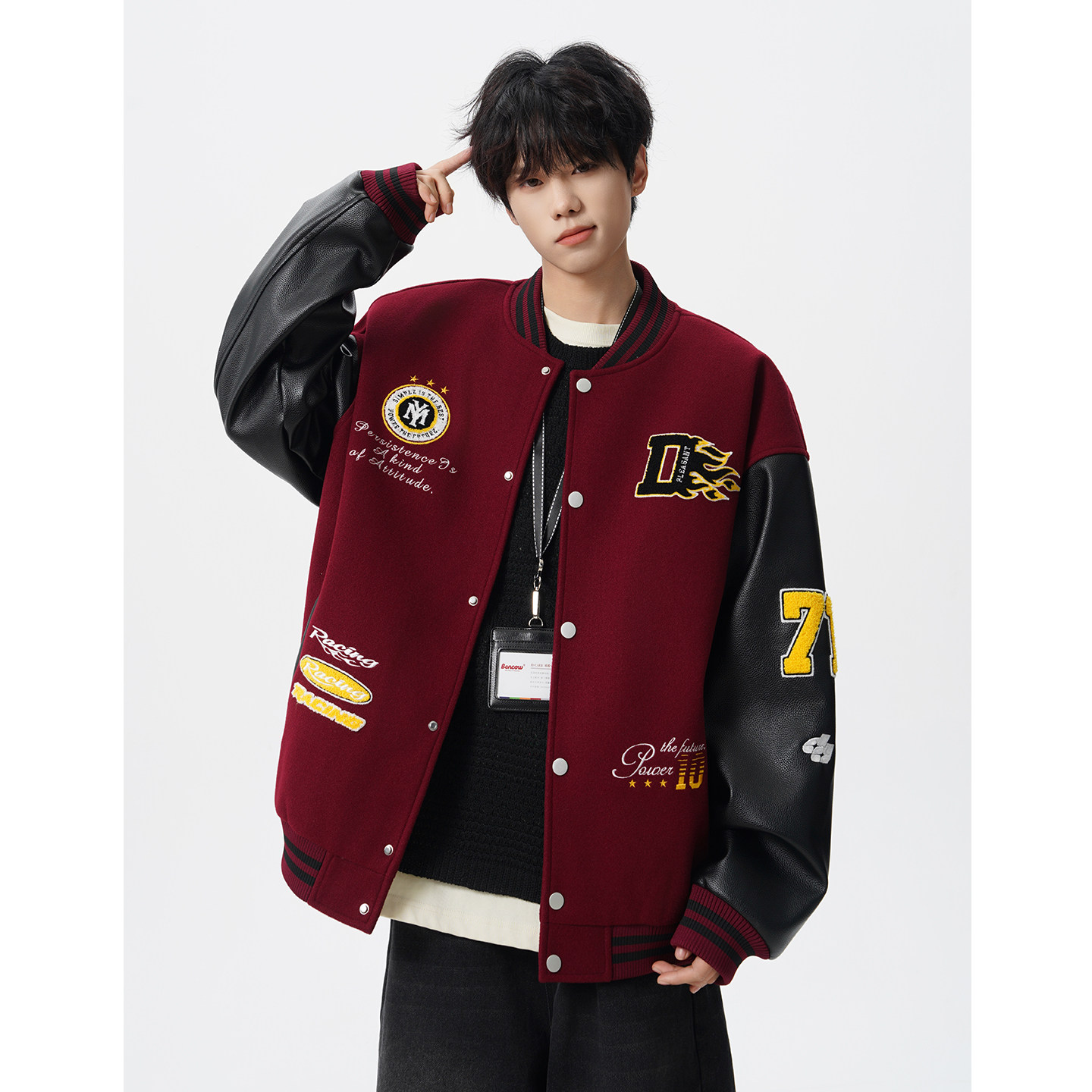 潮牌双拼撞色刺绣棒球服男春高街痞帅情侣外套复古设计感运动夹克,淘宝优惠券,粉丝福利购,淘宝优惠卷