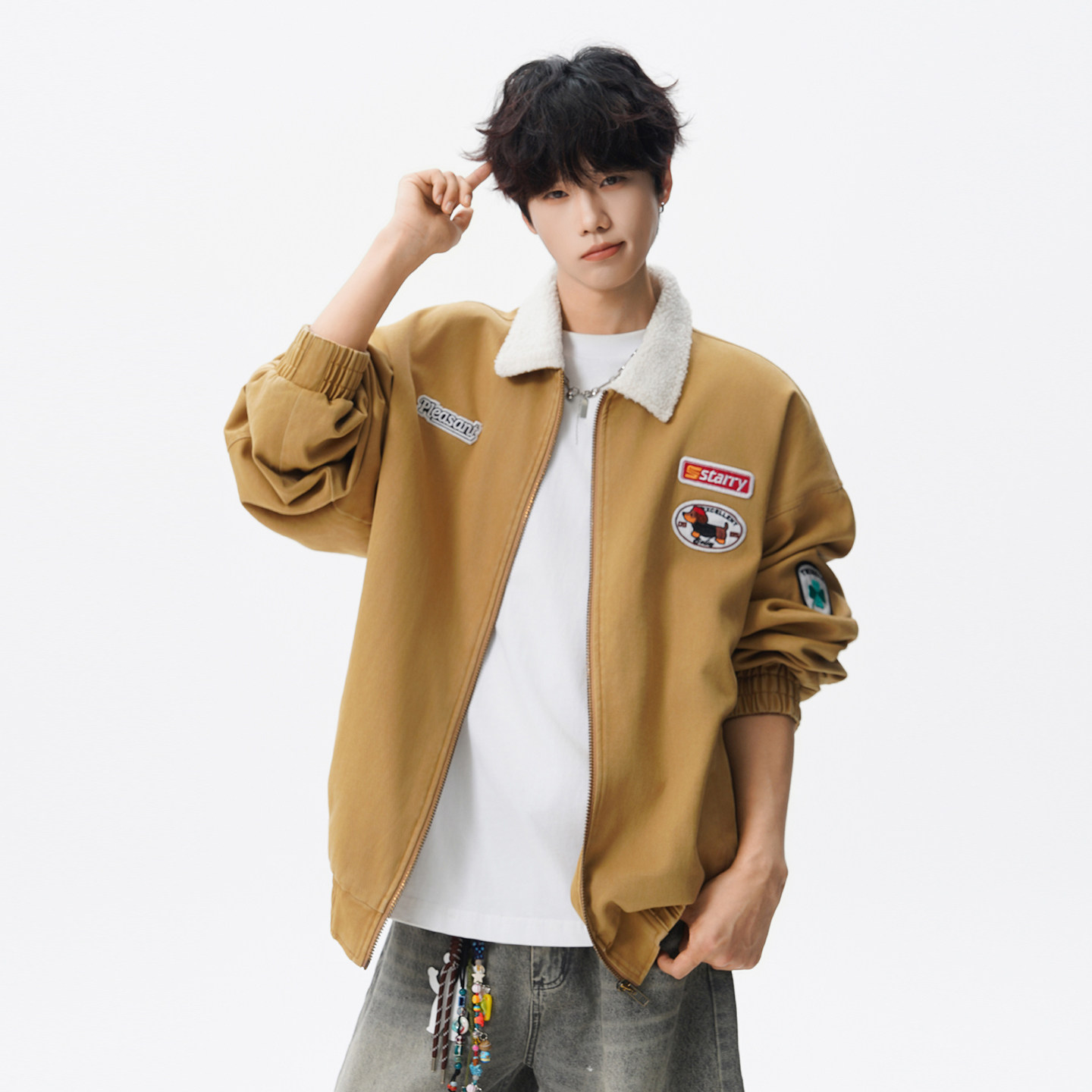 腊肠狗绣标夹克外套男款春秋季美式休闲百搭潮牌羊羔绒翻领棒球服,淘宝优惠券,粉丝福利购,淘宝优惠卷