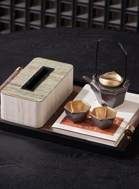 酒店烟酒店装饰品摆件中国风装饰复古新中式茶点托盘茶几布置设计