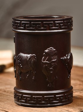 黑檀木雕五牛图笔筒摆件办公室桌面创意中式实木雕刻红木质工艺品