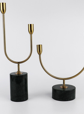 大理石金属形金色烛台摆件欧式两头弯曲蜡烛烛台餐厅客厅烛台