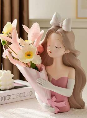 北欧捧花女孩艺术花瓶摆件创意客厅餐桌玄关电视柜家居插花装饰品