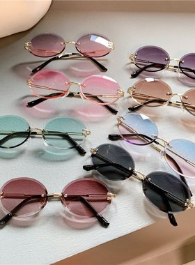 跨境新款 太阳镜女士椭圆形网红渐变色墨镜无框切边潮流眼镜