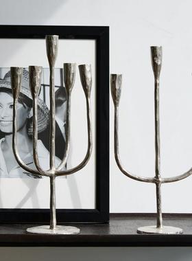 轻奢简约铝制银色三头五头高脚烛台家居样板间酒店蜡烛台装饰摆饰