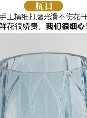 简约竖棱玻璃花瓶创意彩色透明百合花器客厅大号水养插花花瓶摆件