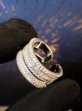 高级感多层时髦满钻轻奢线条y气质百搭复古锆石可调节食指戒指女