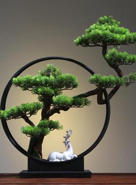 新中式一路高升禅意迎客松摆件创意铁艺鹿家居客厅玄关装饰品摆设