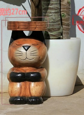 泰国木雕猫凳手工实木创意可爱猫摆件家用餐凳客厅电视柜时尚花几