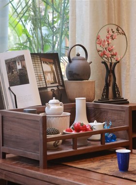 新中式黑胡桃木茶仓桌面C储物筐实木茶器杂物收纳筐