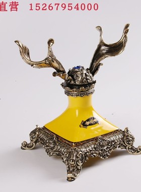 精品KTV桌面黄釉陶瓷摆台用品夜总会欧式摆件纸巾盒圆烟缸配金属