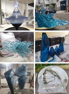 酒店商场大型透明树脂水晶雕塑定制创意抽象落地浪花艺术摆件制做