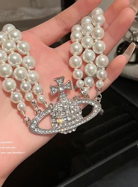 【乔老板Joy】西太后项炼珍珠土星三层重工choker锁骨闪钻颈炼 炼