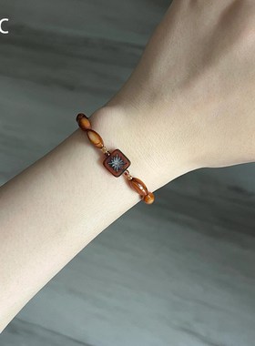 复古棕色花朵捷克珠串珠手链清冷国风高颜值手饰闺蜜小众叠戴手串