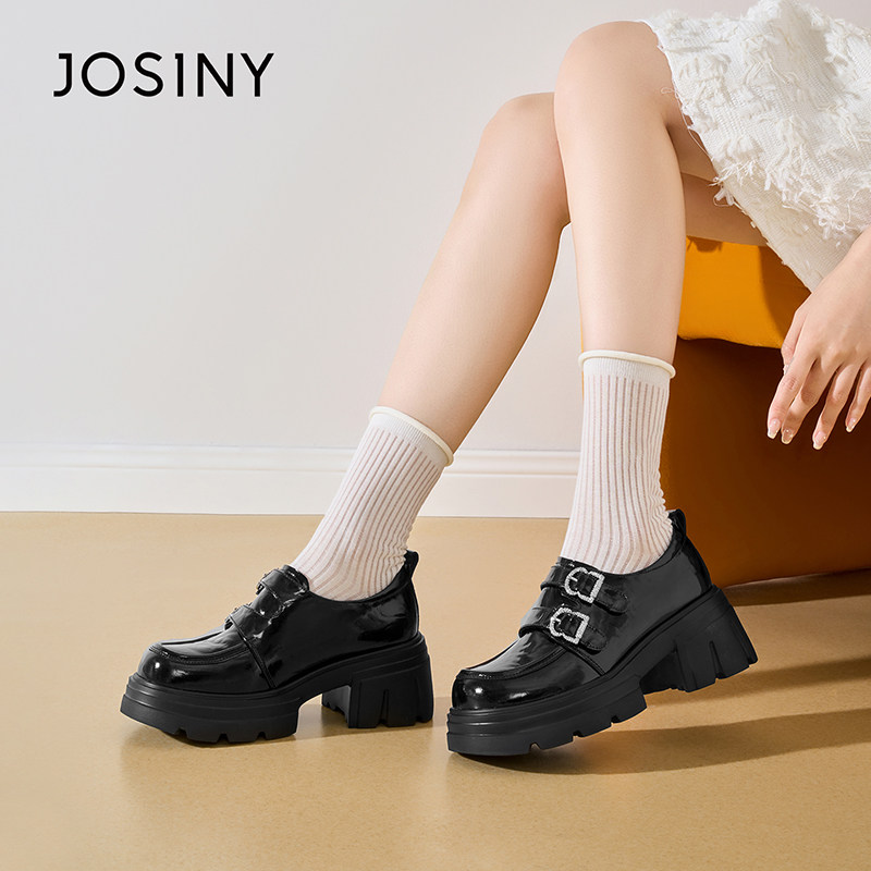 卓诗尼厚底豆豆鞋2025新款春秋复古粗跟乐福鞋增高显瘦扣带女单鞋,淘宝优惠券,粉丝福利购,淘宝优惠卷