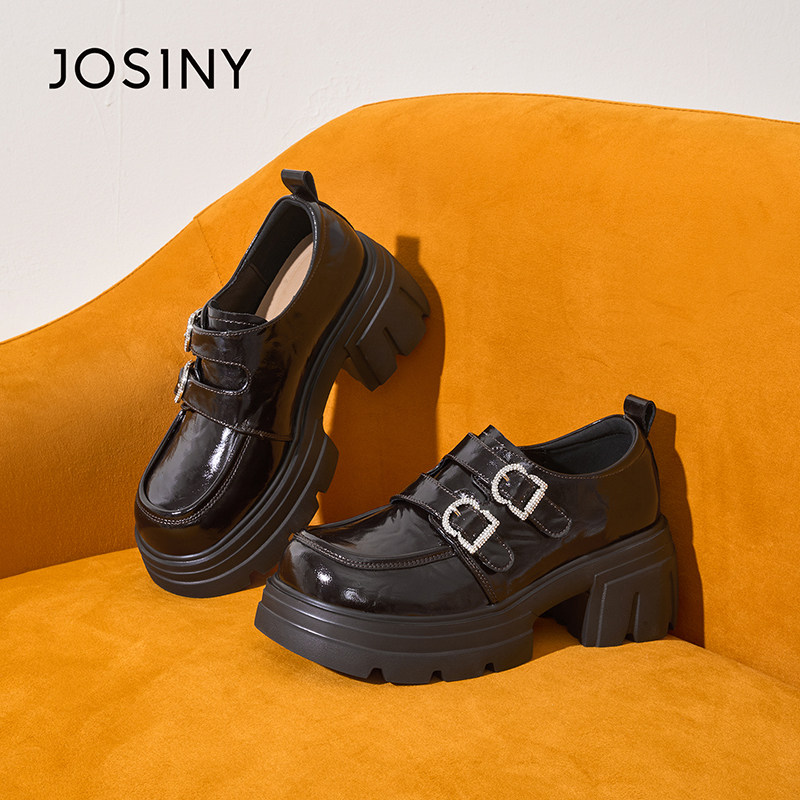 卓诗尼厚底豆豆鞋2025新款春秋复古粗跟乐福鞋增高显瘦扣带女单鞋,淘宝优惠券,粉丝福利购,淘宝优惠卷