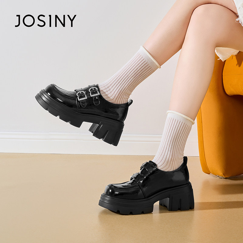 卓诗尼厚底豆豆鞋2025新款春秋复古粗跟乐福鞋增高显瘦扣带女单鞋,淘宝优惠券,粉丝福利购,淘宝优惠卷