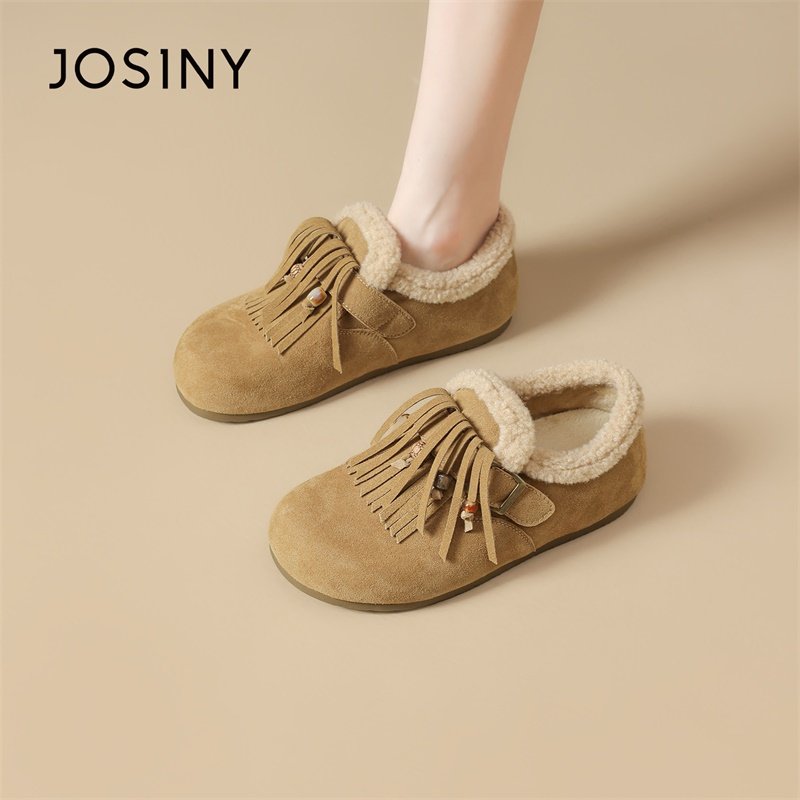 卓诗尼加绒保暖勃肯鞋女款2025新款冬季棉鞋复古流苏毛毛鞋豆豆鞋,淘宝优惠券,粉丝福利购,淘宝优惠卷
