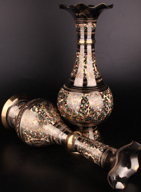 巴基斯坦铜器铜雕花瓶仿古典艺术手工雕刻铜花瓶玄关家居摆设铜瓶