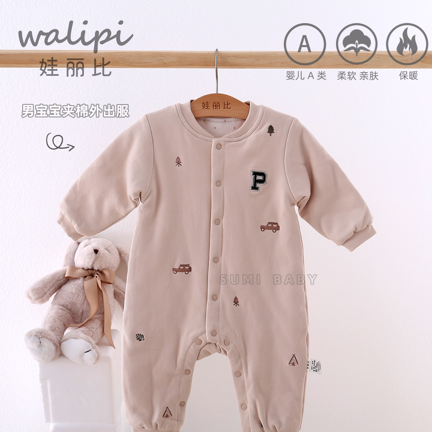 娃丽比2025新款新生婴儿衣服秋冬装夹棉男宝宝连体衣满月外出棉衣 - 图3