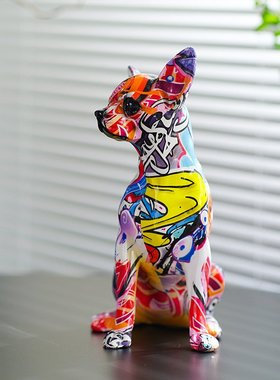 创意炫彩小狗可爱摆件水转印吉娃娃斗牛犬家居客厅玄关酒柜装饰品