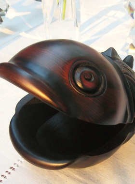 家居饰品玄关摆件木质招财大嘴鱼桌面收纳盒钥匙S整理盒特色烟灰