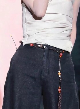 薛凯琪同款撞色串珠腰链女复古波西米亚民族风编织腰带百搭配饰潮