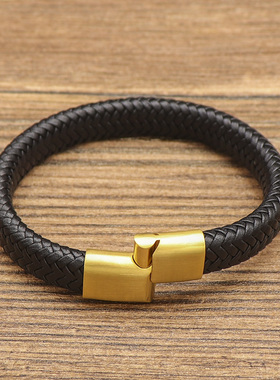 欧美复古黑色皮编织手链简约金色磨砂钛钢手环刻字可穿3D硬金
