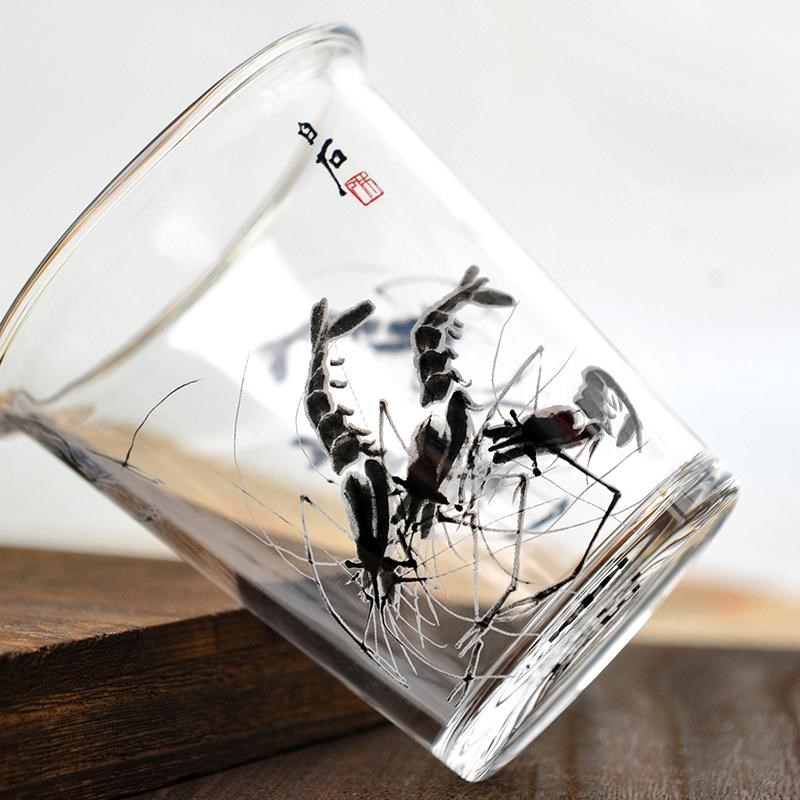 清华大学艺术博物馆萌生t展齐白石画作六虾图玻璃杯办公室喝水杯