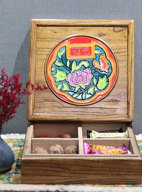 轻奢实木干果盒四格收纳盒镶嵌瓷板画储物盒零食分隔百宝盒茶盒