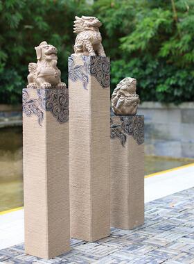 中式彷石雕拴马桩户外别墅门口庭院花园布置装饰狮子貔貅麒麟摆件