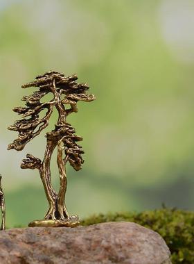 中式沙盘枯山水合金铜松树迎客松旅行老者古风迷你小摆件新中式