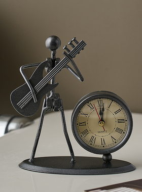 欧式复古吉他小人时钟工艺品创意个性卧J室办公室桌面工位装饰摆