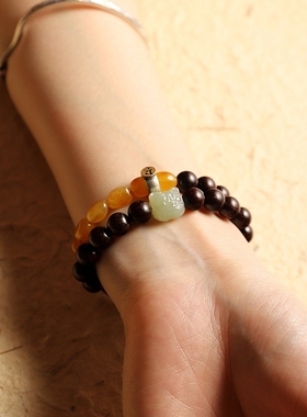 【原创设计】天然小叶紫檀手链蜜蜡手串和田玉纯银生肖貔貅文艺女