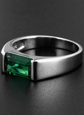 祖母绿碧玺色绿尖晶男士戒指925银镀金彩L宝指环简约个性情侣尾戒