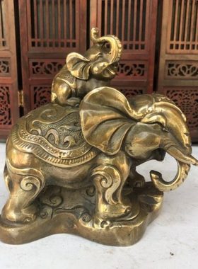 仿古收藏纯铜大象摆件一对铜子母大象葫芦大象家居店铺工艺品摆设