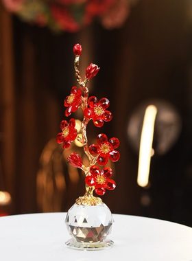 现代中式现代轻奢复古人造水晶花蕾梅花工艺品装饰摆件