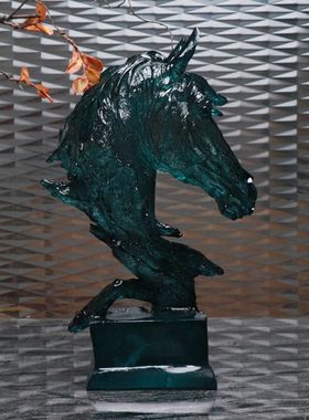 新中式后现代蓝色马头树脂摆件酒店别墅展厅玄关桌面软装饰品摆设