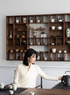 黑胡桃实木瓷器格子架墙面中式置物架茶室家具多宝格茶叶搁板架