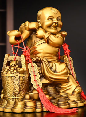 纯铜运财童子摆件挑财送财童子善财童子家居办公室收银台桌面装饰
