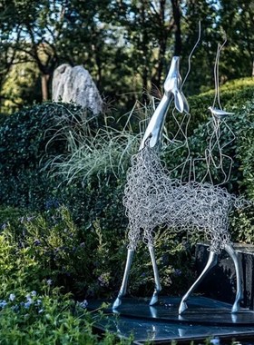 玻璃钢抽象梅花鹿雕塑铁艺钢丝动物装饰品户外售楼处艺术展厅摆件