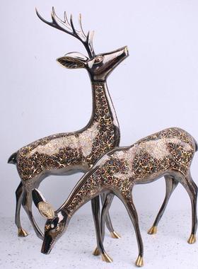 巴基斯坦铜器手工雕刻铜梅花鹿仿古铜制客厅玄关艺术摆设情侣对鹿