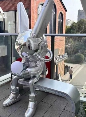 网红发光电镀太空兔子摆件雕塑玻璃钢家居商场酒吧KTV门店铺装饰